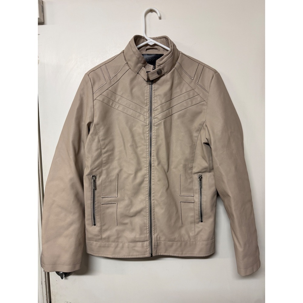 American Breed Mens Tan Pleather Moto Jacket Faux Shearling Lined Small